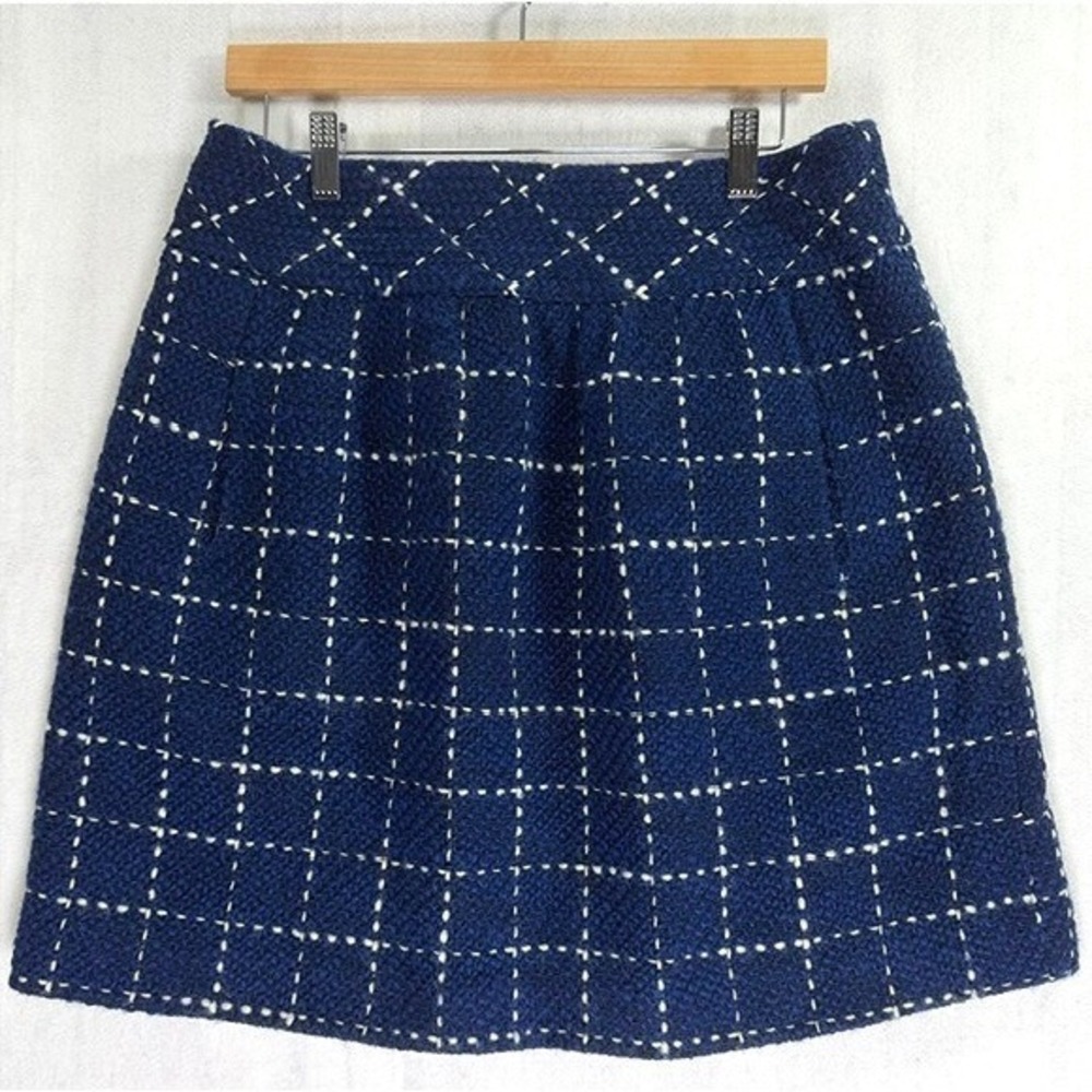 Maeve Wool Blend WIndowpane 12 Tweed A-Line Blue Plaid Mini Skirt With Pockets